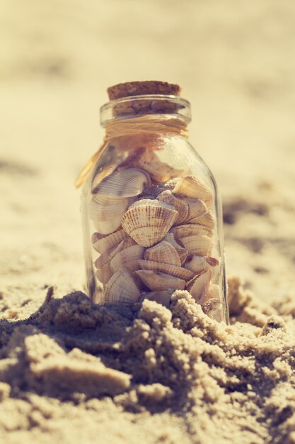 Concepto del verano o de las vacaciones. Seashells en botellas en la arena. Viraje.