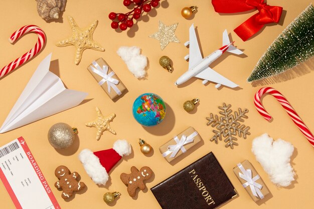 Concepto de viaje navideño con avión