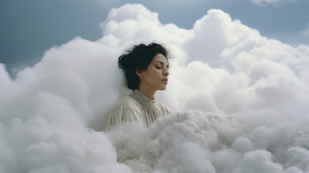 Foto gratuita conceptual scene with people in the sky surrounded by clouds with  dreamy feeling