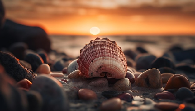 Foto gratuita concha marina en la playa de guijarros belleza de la puesta de sol de verano generada por ia