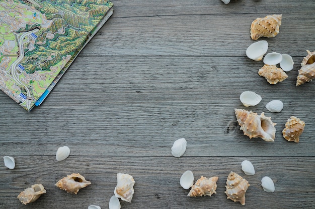 Conchas marina y mapa sobre superficie de madera