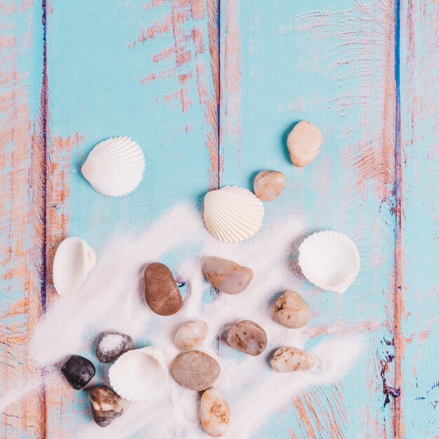 Conchas, piedras y arena sobre tabla de madera.