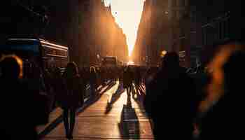 Foto gratuita concurrida calle de la ciudad al atardecer retroiluminada generada por ia