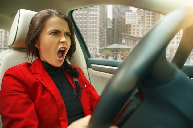 Foto gratuita conducir por la ciudad. atractiva mujer joven conduciendo un coche