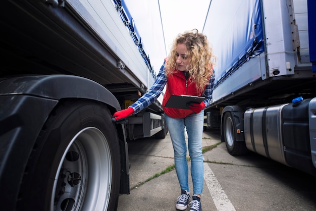 Conductor de camión comprobando los neumáticos del vehículo e inspeccionando el camión antes de viajar