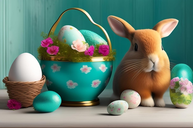 Un conejito y una canasta de huevos están sobre una mesa.