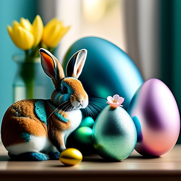 Un conejito y un colorido huevo de pascua están sobre una mesa.