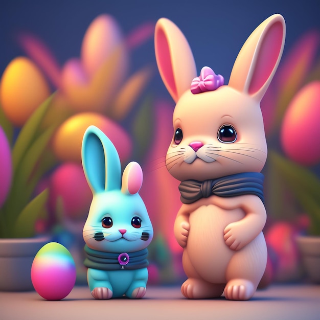 Un conejito y un conejito están parados uno al lado del otro frente a un colorido huevo de Pascua.