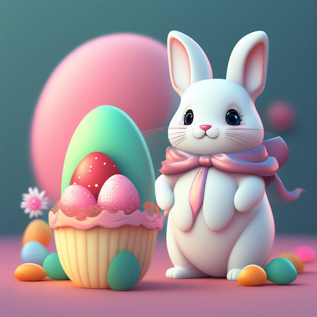 Un conejito se encuentra junto a un huevo de Pascua y huevos de Pascua decorados.