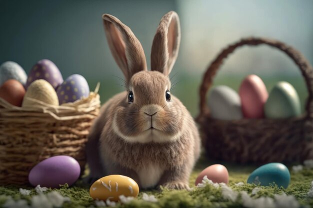 Conejito feliz colorido con muchos huevos de Pascua en hierba Fondo festivo para el diseño decorativo