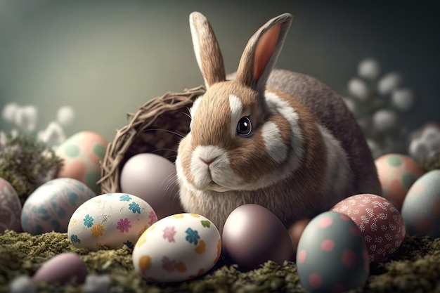 Conejito feliz colorido con muchos huevos de Pascua en hierba Fondo festivo para el diseño decorativo