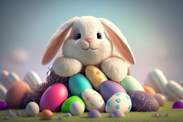 Foto gratuita conejito feliz con muchos huevos de pascua en hierba fondo festivo para diseño decorativo