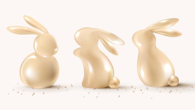 Conejito de Pascua 3D en el tema de celebración de vacaciones de oro de lujo