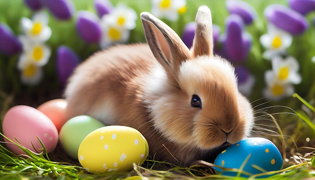 Conejito de pascua con huevos de pascua en la hierba