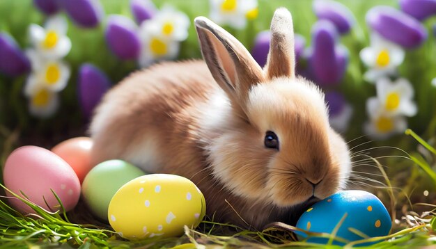 Conejito de pascua con huevos de pascua en la hierba