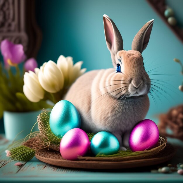 Un conejito se sienta en un nido con flores y huevos de Pascua.
