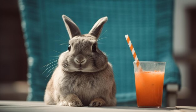 Conejo bebé esponjoso sentado en la mesa comiendo zanahoria generado por IA