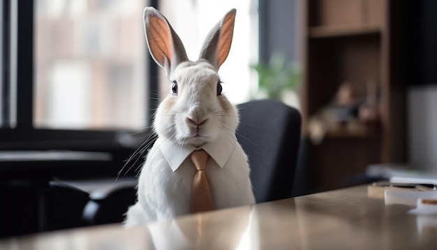 Foto gratuita conejo bebé esponjoso sentado en una mesa de madera generado por ia