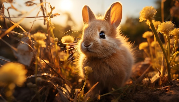 Foto gratuita conejo bebé esponjoso sentado en el prado disfrutando de la naturaleza generada por inteligencia artificial