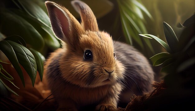 Conejo de belleza con plantas escena realista ai generativo.