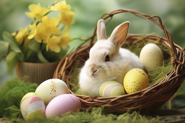 Conejo y huevos decorativos de Pascua