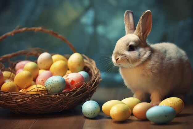 Conejo y huevos decorativos de Pascua