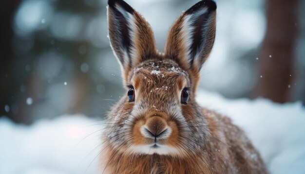 Conejo joven esponjoso sentado en la nieve IA generativa