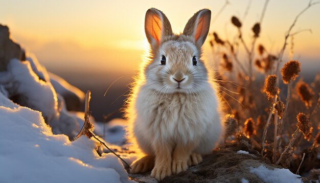 Foto gratuita un conejo lindo sentado en la hierba disfrutando de la puesta de sol al aire libre generada por la ia
