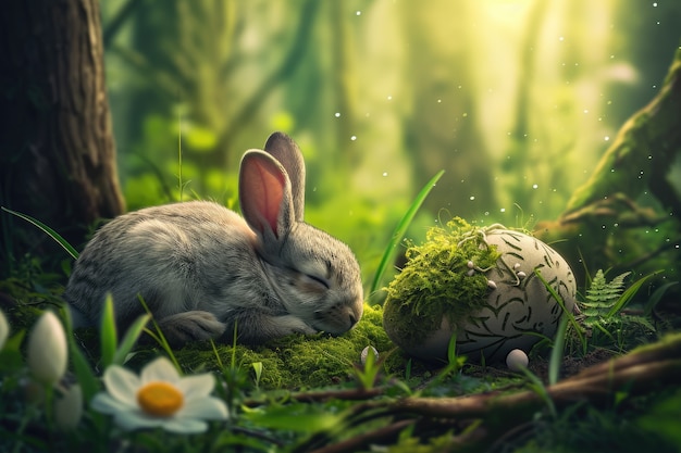 Conejo de Pascua en un fondo forestal