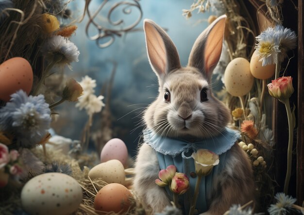 Conejo de Pascua lindo y realista en un bosque de fantasía con huevos de Pascua y flores