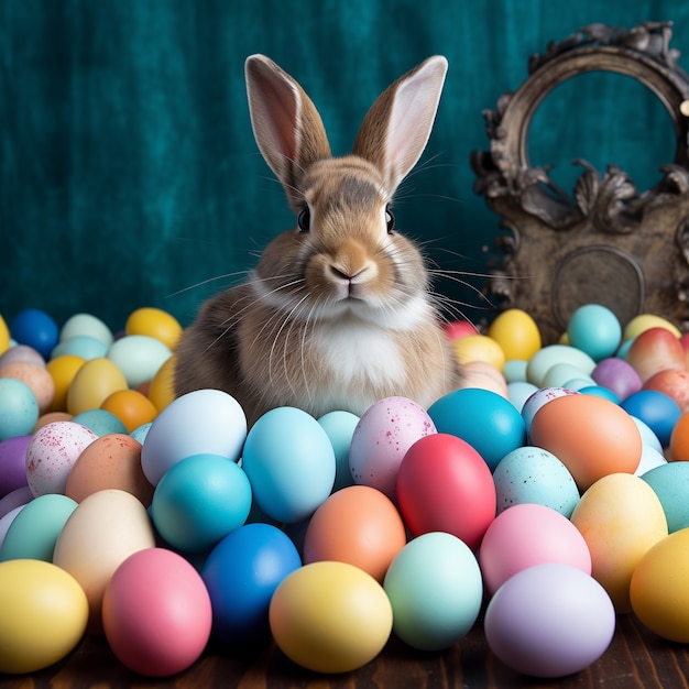 Foto gratuita conejo de pascua lindo y realista con huevos de pascua coloridos