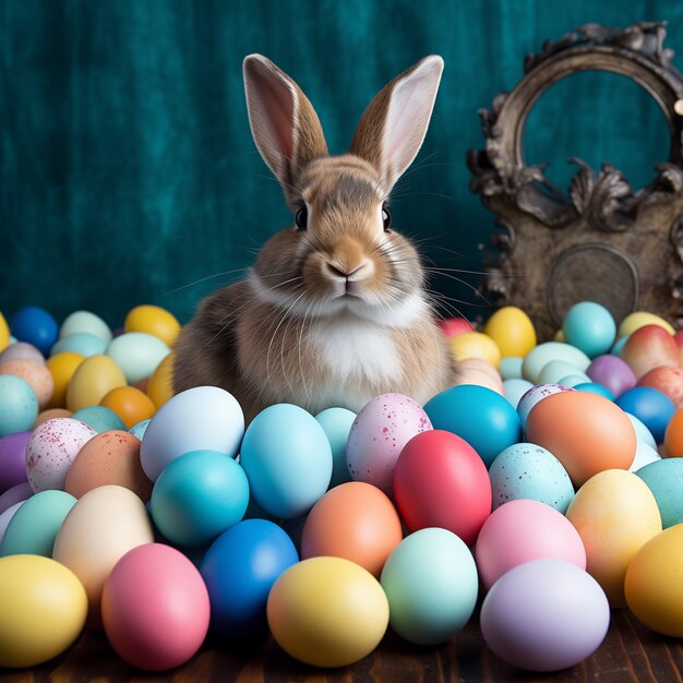 Conejo de Pascua lindo y realista con huevos de Pascua coloridos