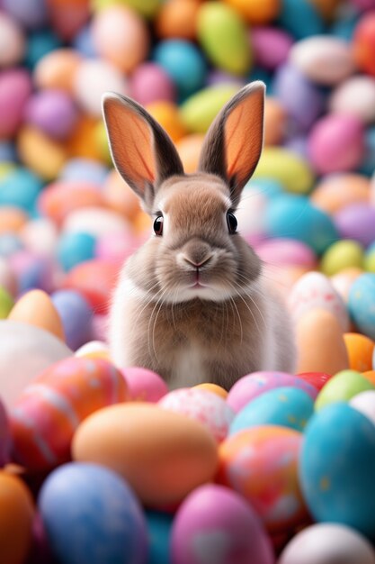 Conejo de Pascua lindo y realista con huevos de Pascua coloridos