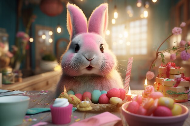 Conejo de Pascua lindo y realista con huevos de Pascua y dulces