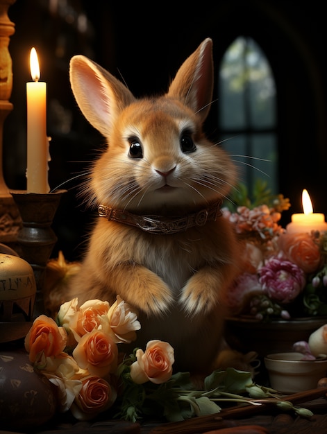 Un conejo de Pascua lindo y realista con velas y flores