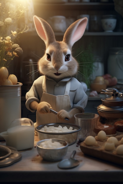 Conejo de Pascua realista cocinando dulces con ingredientes