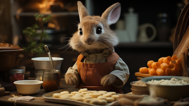 Conejo de Pascua realista cocinando dulces con ingredientes