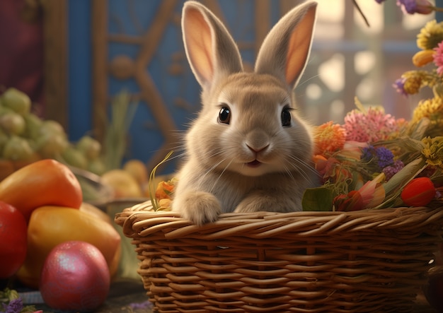 Conejo de Pascua realista con flores en una canasta