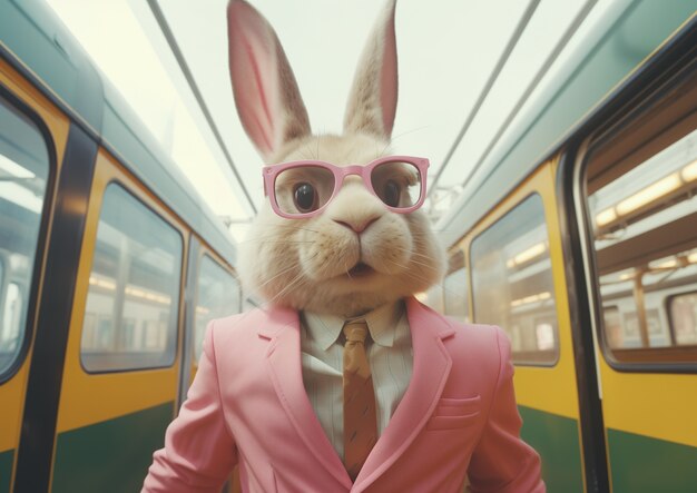 Conejo de Pascua realista con gafas y traje de chaqueta en una estación de tren