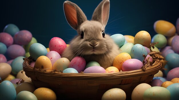 Conejo de Pascua realista con muchos huevos de Pascua coloridos en una canasta