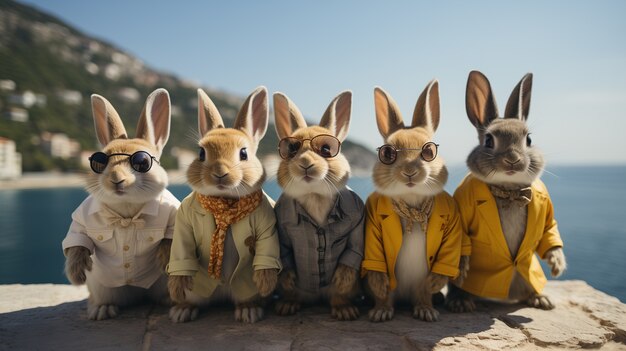 Conejo de Pascua realista con ropa elegante en un fondo de la costa