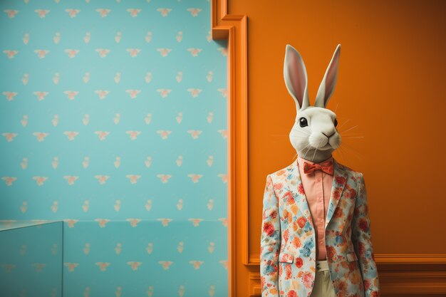 Conejo de Pascua realista con un traje de chaqueta floral en un fondo de diseño moderno