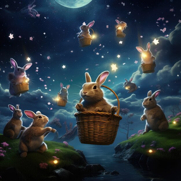 Conejos de Pascua en un mundo de fantasía