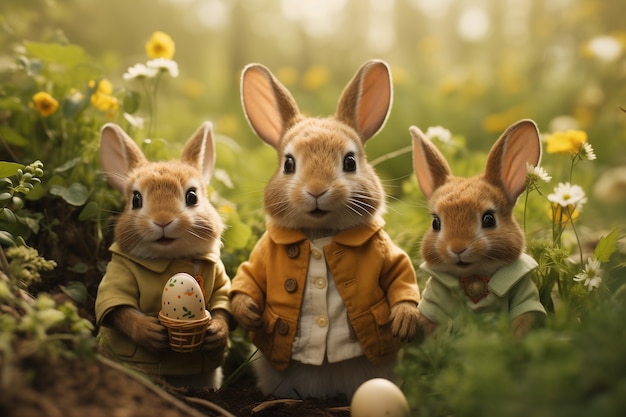Conejos de Pascua realistas con ropa en un bosque floral