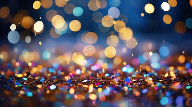 El confeti brilla mientras cae sobre un fondo de luces bokeh que irradian la alegría de la celebración con colores plateados y vibrantes.