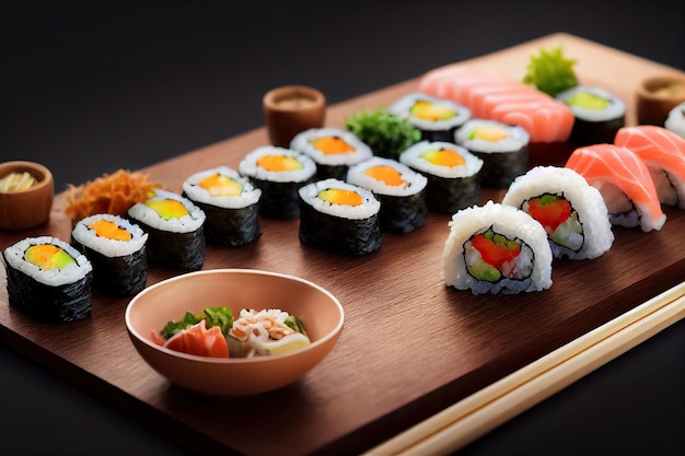 Foto gratuita configuración de la mesa de sushi roll en la mesa de madera famosa comida japonesa generativa ai