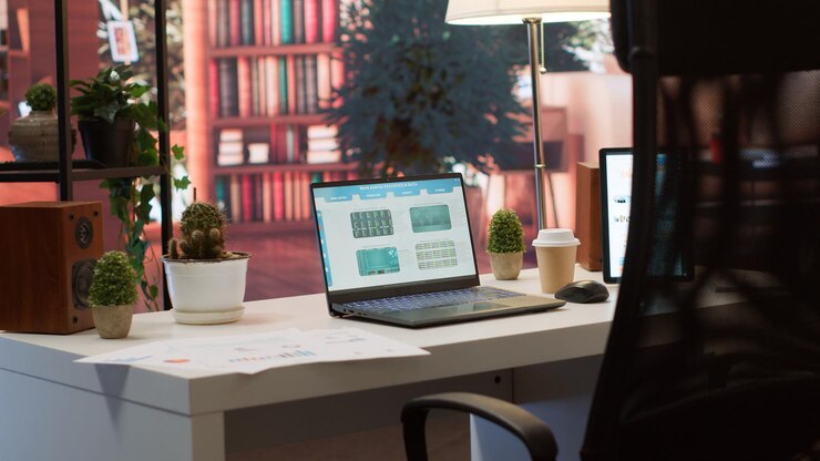 Foto gratuito configuración de oficina en casa vacía que muestra documentos e informes financieros en la computadora portátil