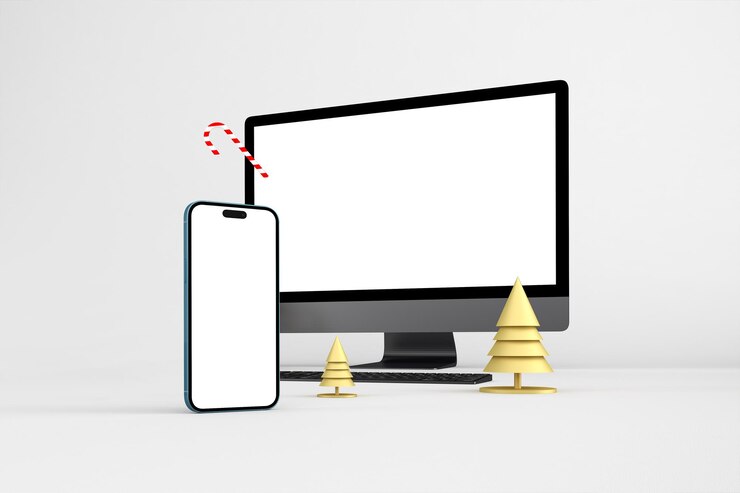 Foto gratuito configuración de la tecnología navideña del teléfono informático y decoraciones festivas