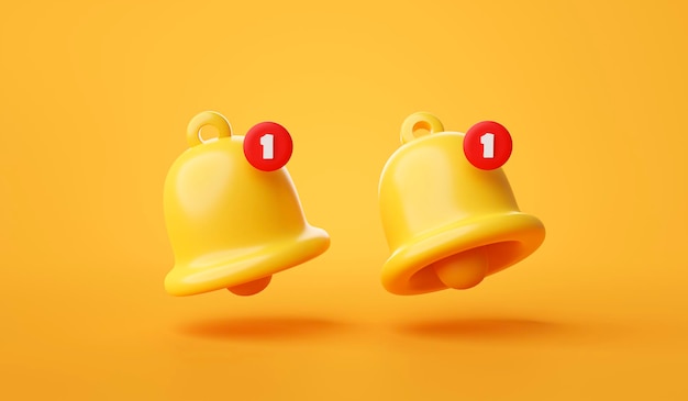 Conjunto de alerta de notificación de recordatorio de campana o signo o símbolo de icono de alarma para la interfaz de usuario del sitio web de la aplicación en la ilustración de representación 3d de fondo amarillo