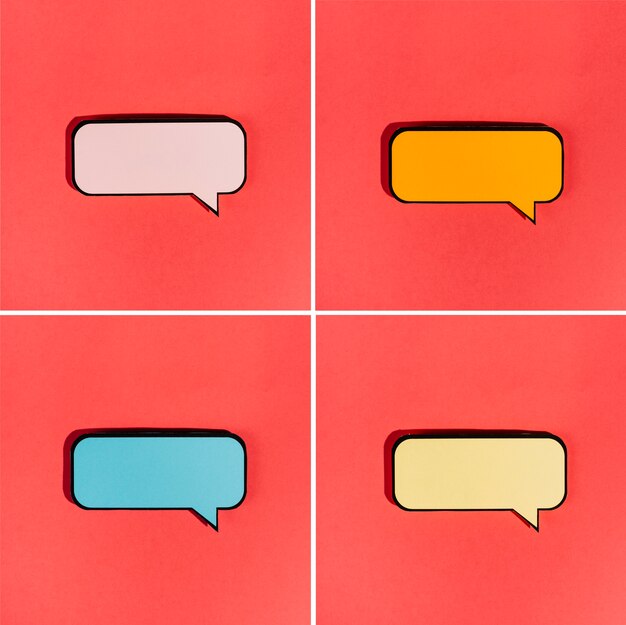 Conjunto de burbujas de discurso colorido en blanco sobre fondo rojo